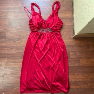Beaded Elegant Red Satin Spaghetti Strap Dress
